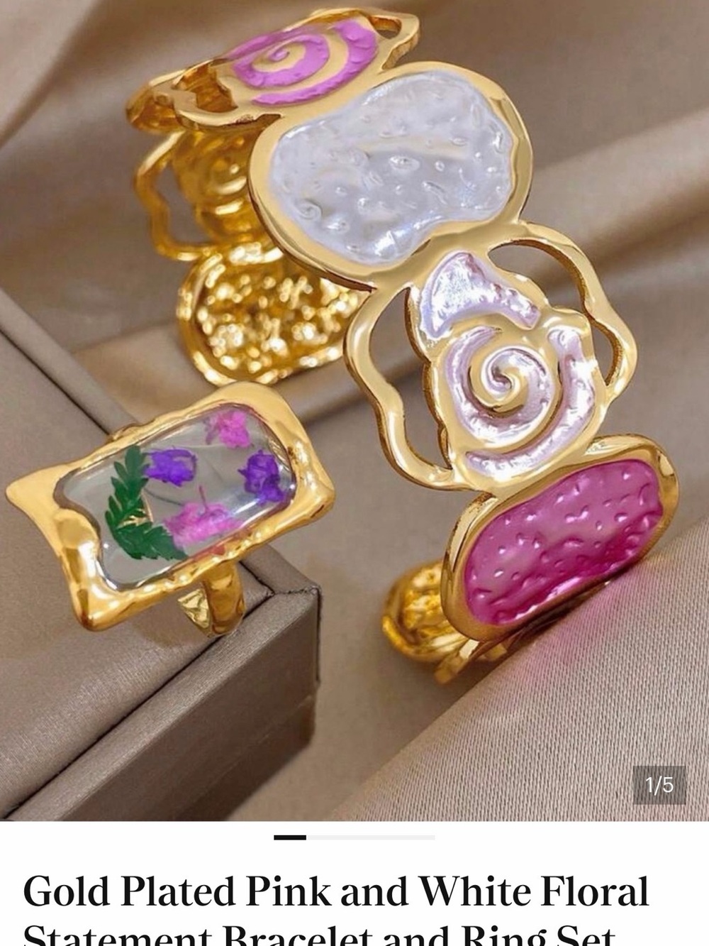 Gold-Plated Pink & White Floral Statement Bracelet and Ring Set